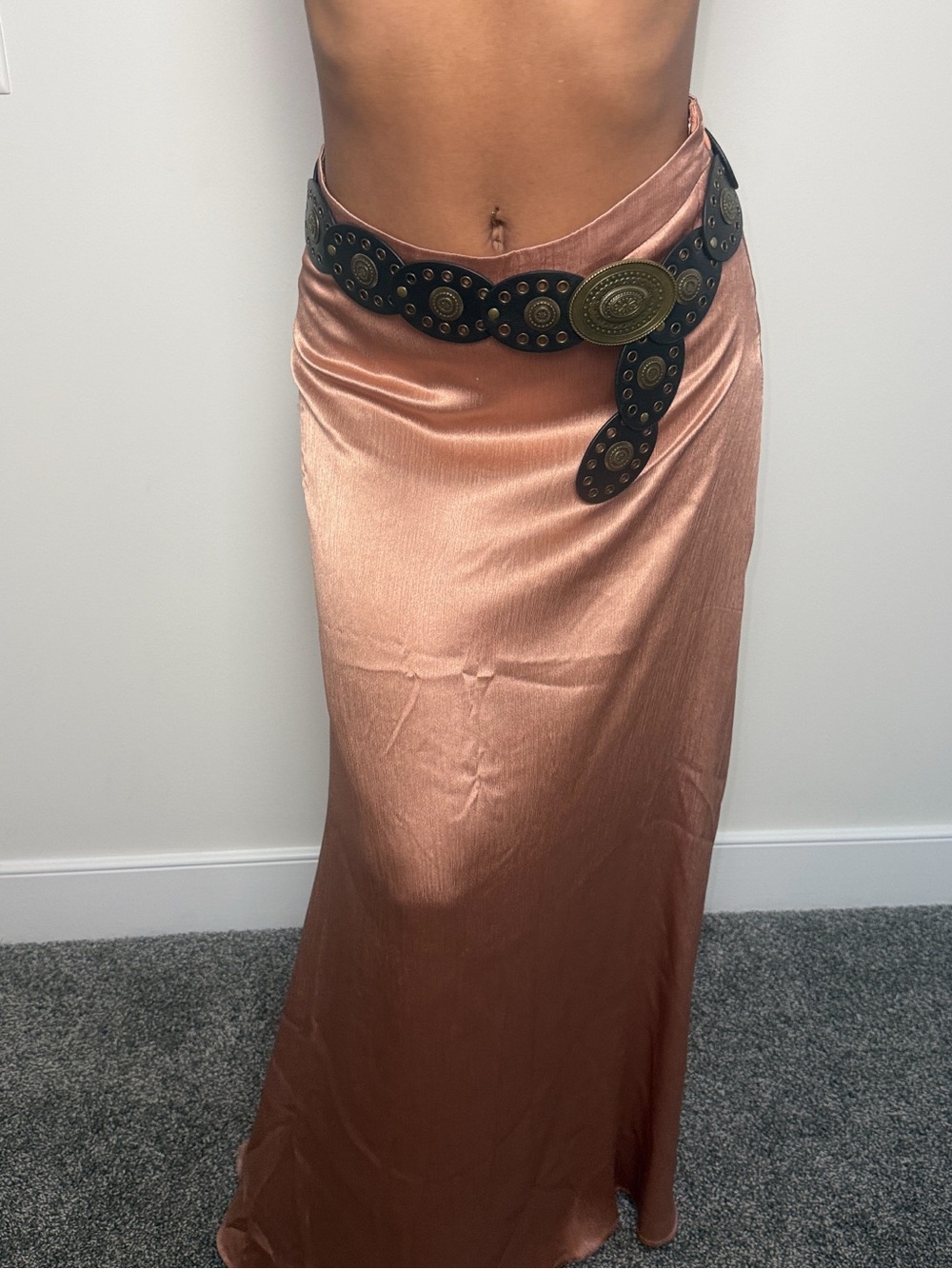 Satin Maxi Skirt in Copper Pink